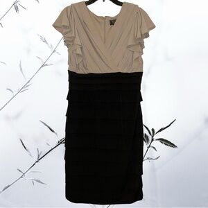 Dressbarn Collection Black Tan Tiered Ruffle Slv Sheath Dress Size 14 Cocktail
